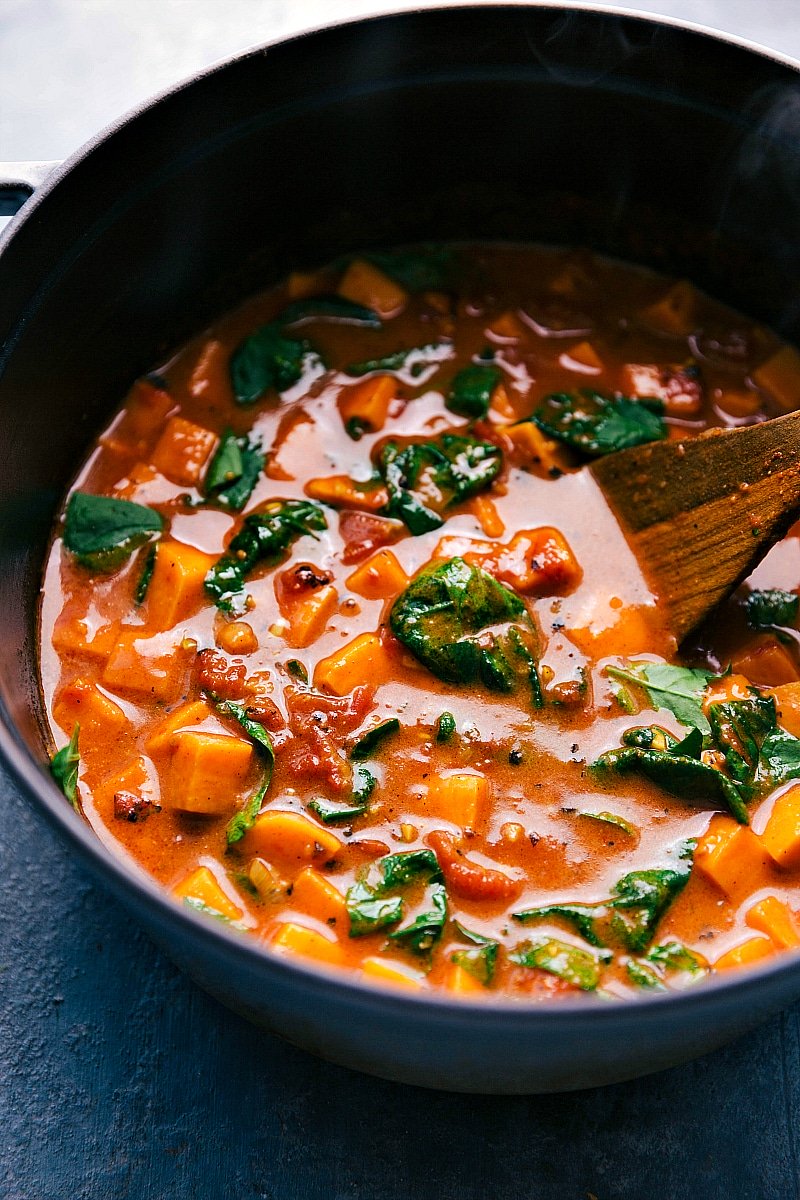 Overhead image of Sweet Potato Curry in the pot, with a spoon in the pan.
