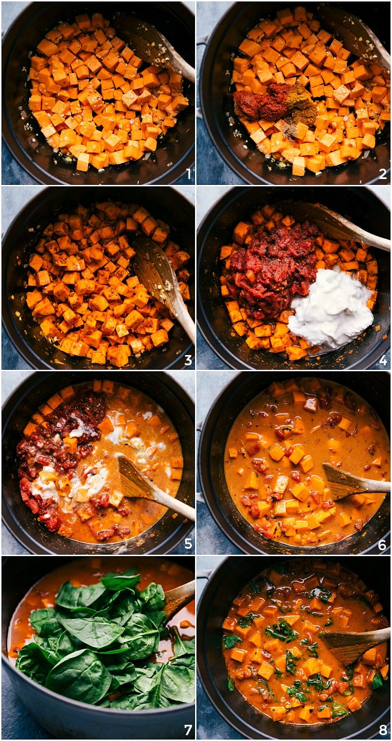 Process shots-- images of the sweet potatoes being cooked; the other ingredients and seasonings being added on top; more simmering; adding spinach to the mixture; ready to serve.