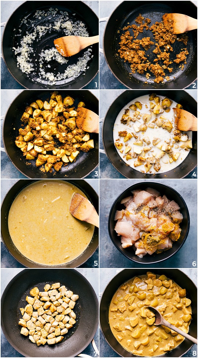 Onions sautéing in a pan with spices, potatoes added, coconut milk simmering, and meat cooking.