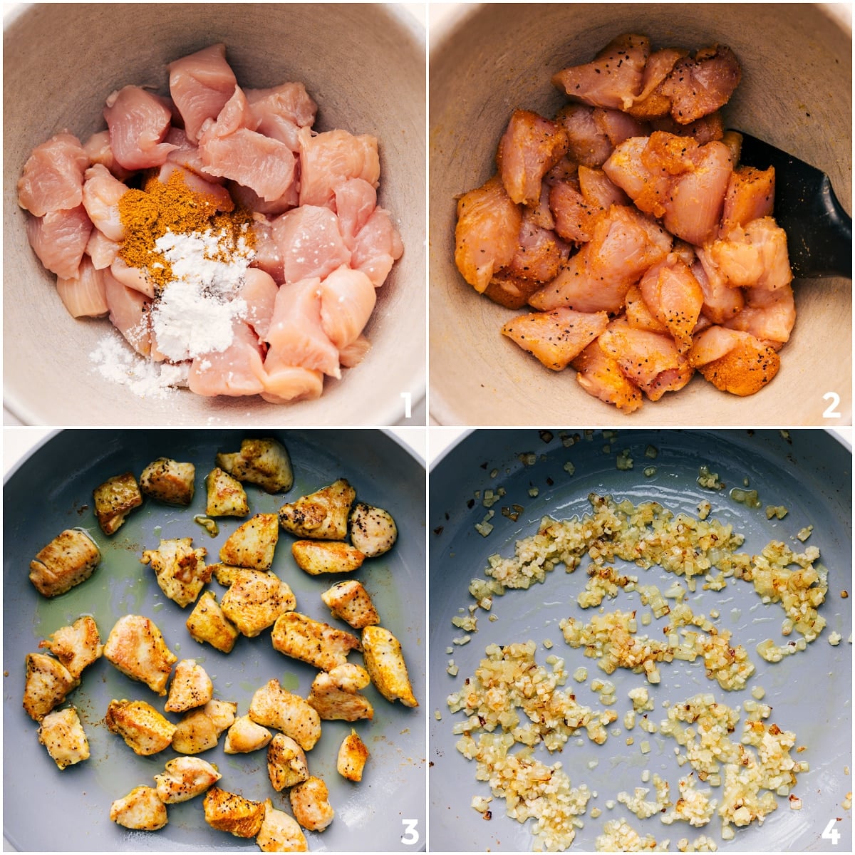 Cooking process: Sautéed Onions, Spices, Potatoes, Simmering Coconut Milk, and Cooking Meat The chicken tossed with the spices and then cooked in a skillet for this yellow chicken curry.