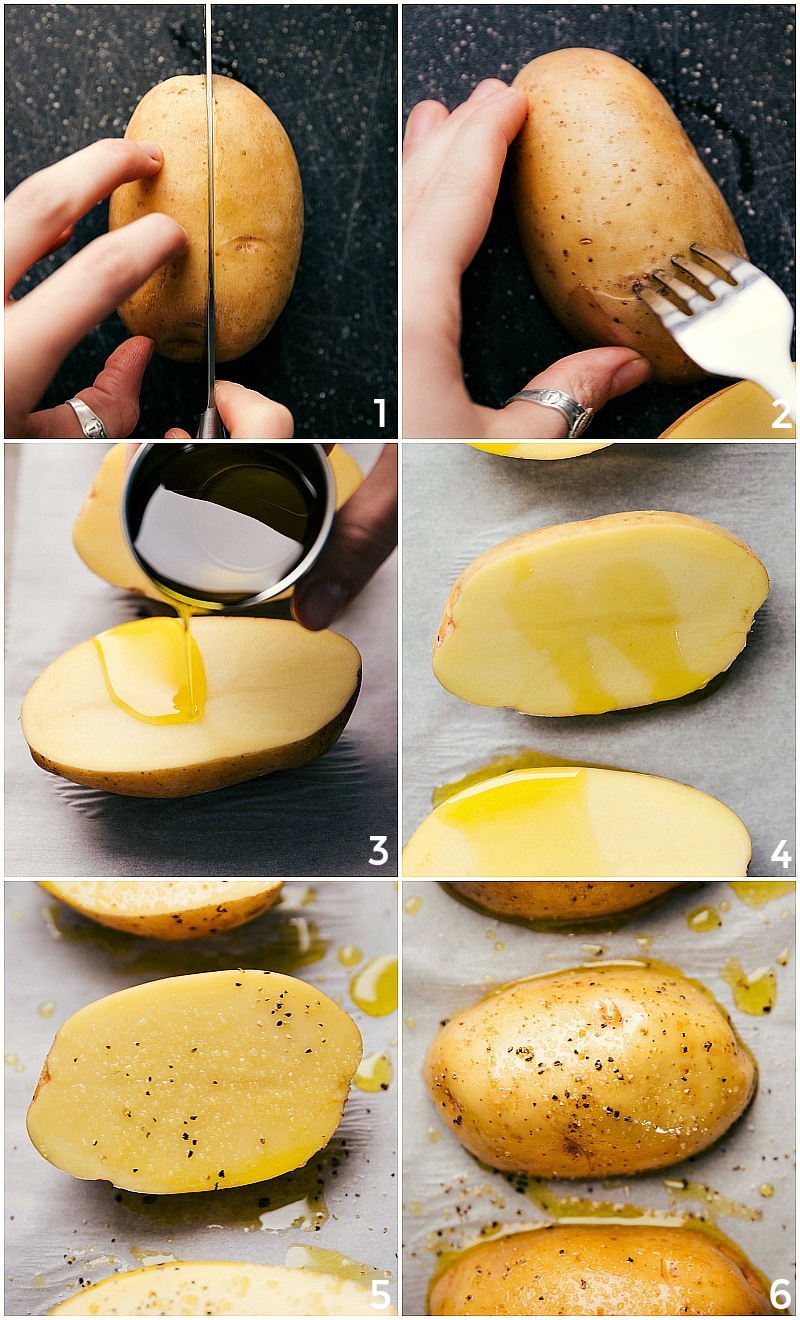 Process shots-- images of Baked Potatoes being prepped to go in the oven: slice potatoes in half; poke with fork tines; drizzle with oil; rub oil into both sides of the potatoes; sprinkle with salt and pepper, rubbing into both sides; place cut-side-down on the baking pan.