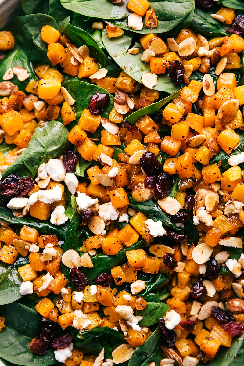 All the delicious ingredients mixed together: butternut squash, feta, cranberries, and more.