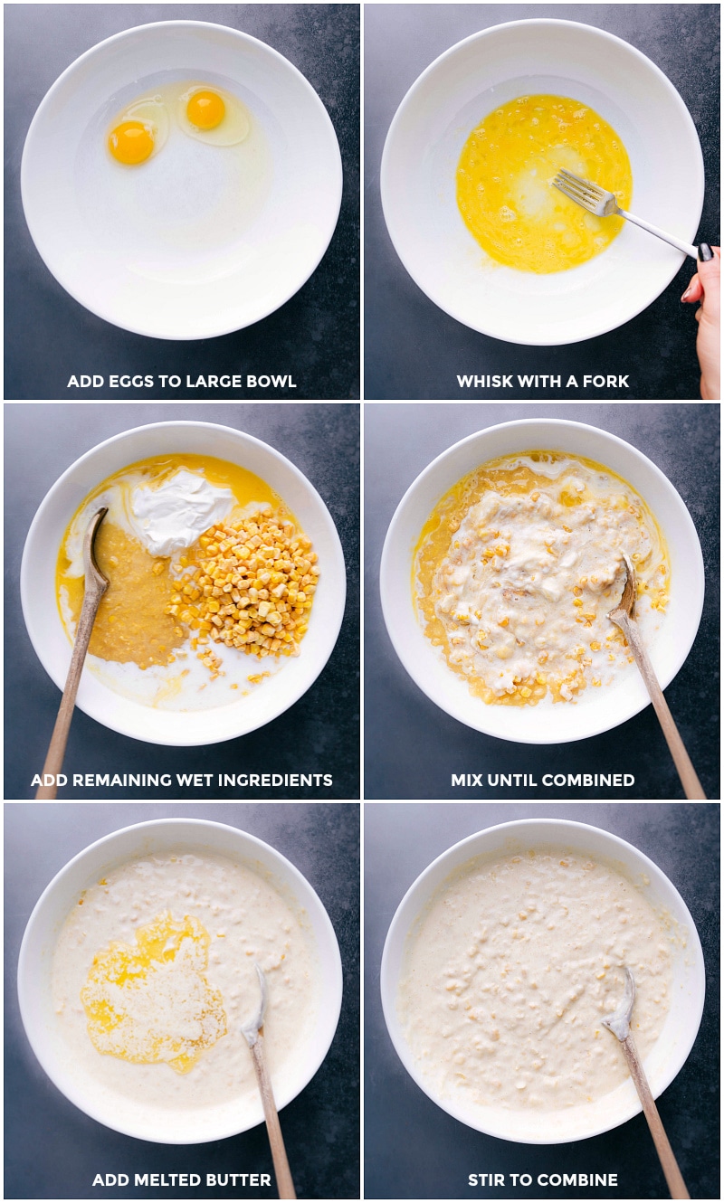 Process shots-- images of all the wet ingredients being added to a bowl and mixed together