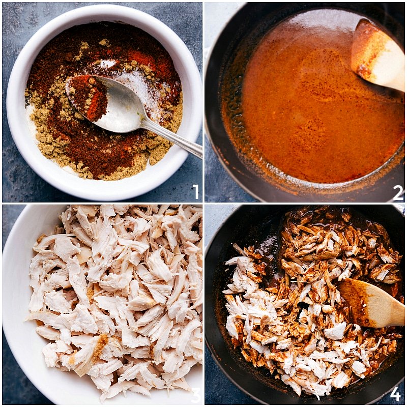 Preparing chicken tacos with rotisserie chicken: combining seasonings, stirring in tomato paste and chicken broth, shredding chicken, and mixing it into the seasoning blend.