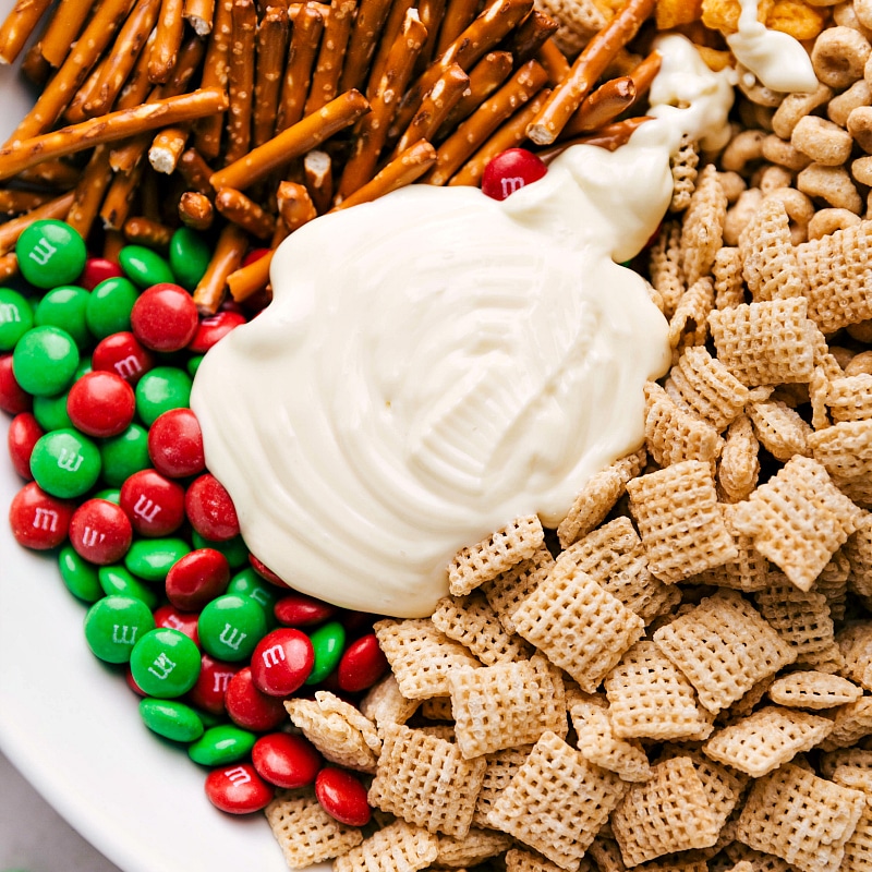 Image of the white chocolate on the ingredients for this Christmas Snack Mix