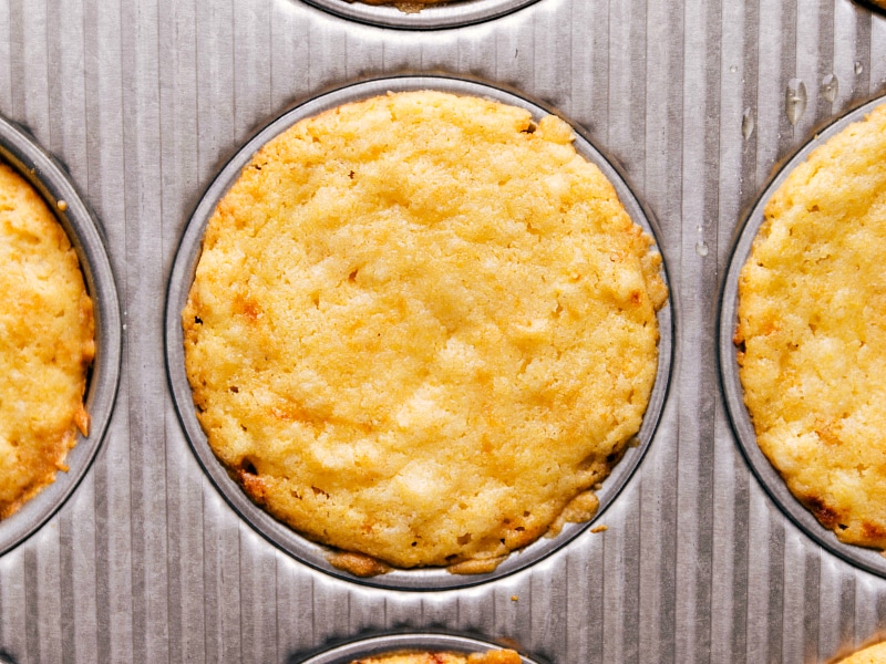 Overhead image of the Cornbread Muffins fresh out of the oven, still in the pan