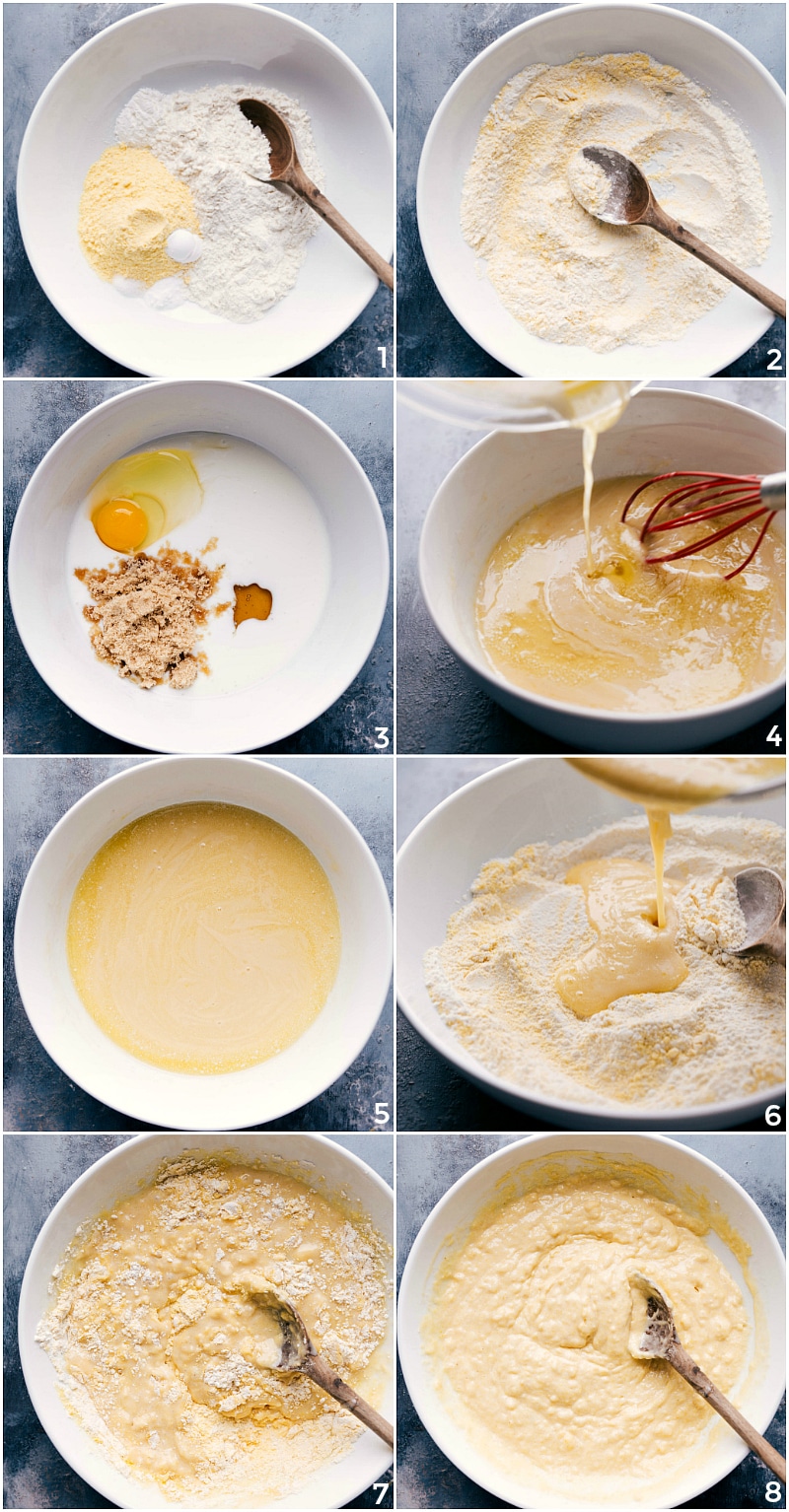 Process shots-- image of the batter being prepared: combining dry ingredients; combining wet ingredients; adding dry to wet ingredients; mixing the batter just enough to incorporate all ingredients.