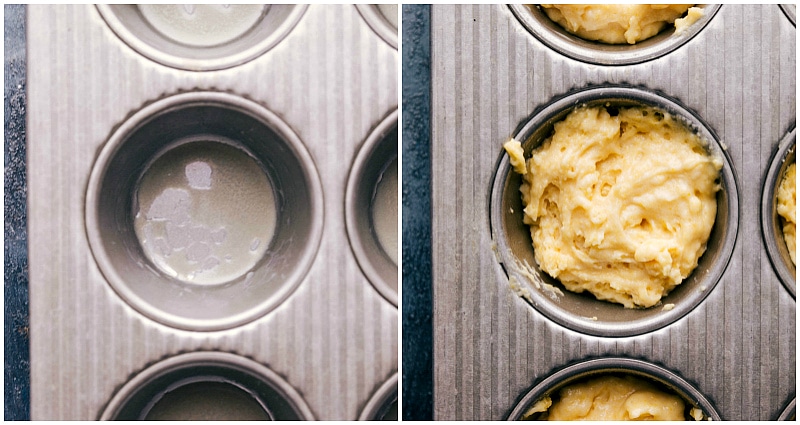 Image of the muffin batter being added to the prepared tin.