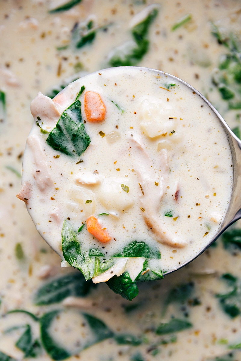 Up-close image of a scoop of Chicken Gnocchi Soup.