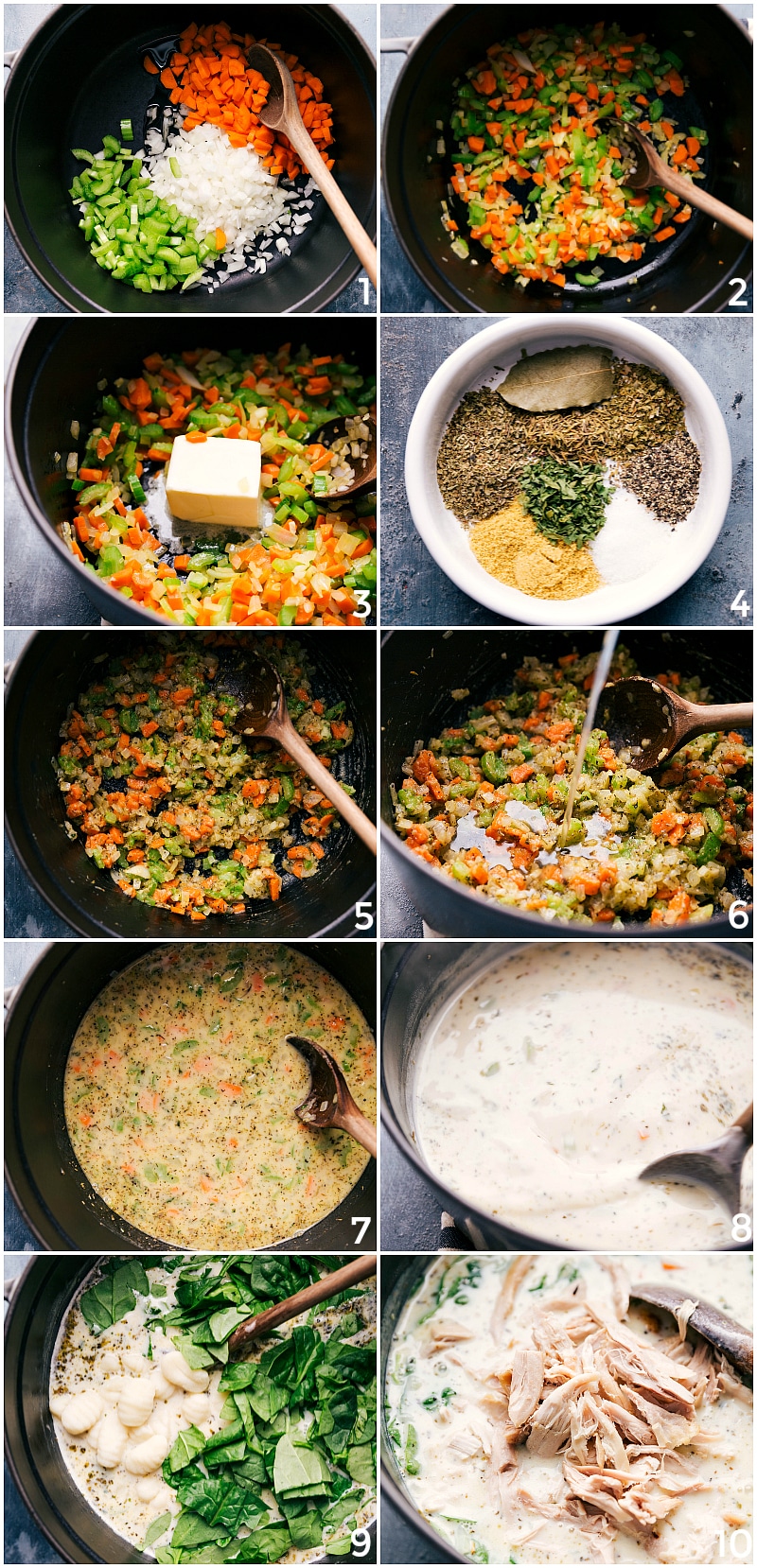 Process of making the chicken and gnocchi soup: vegetables in pot, melting butter, whisking flour, adding seasonings, chicken broth, simmering, thickening, and final additions of gnocchi, spinach, and chicken.