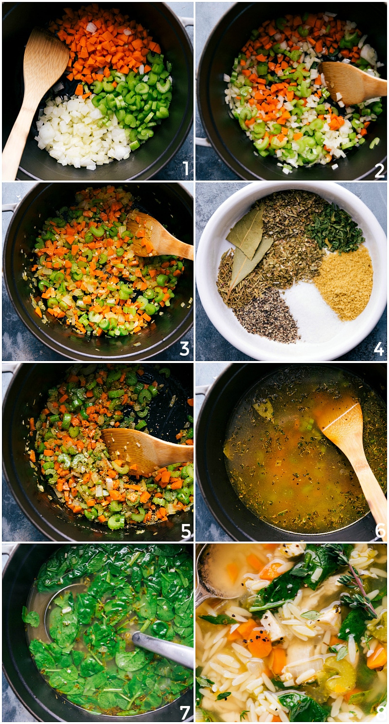 Process shots-- images of Lemon Chicken Orzo Soup.