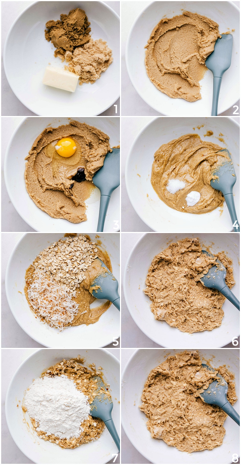 Process shots-- images of Oatmeal Cranberry Cookies being made: combining ingredients in various stages of the process.