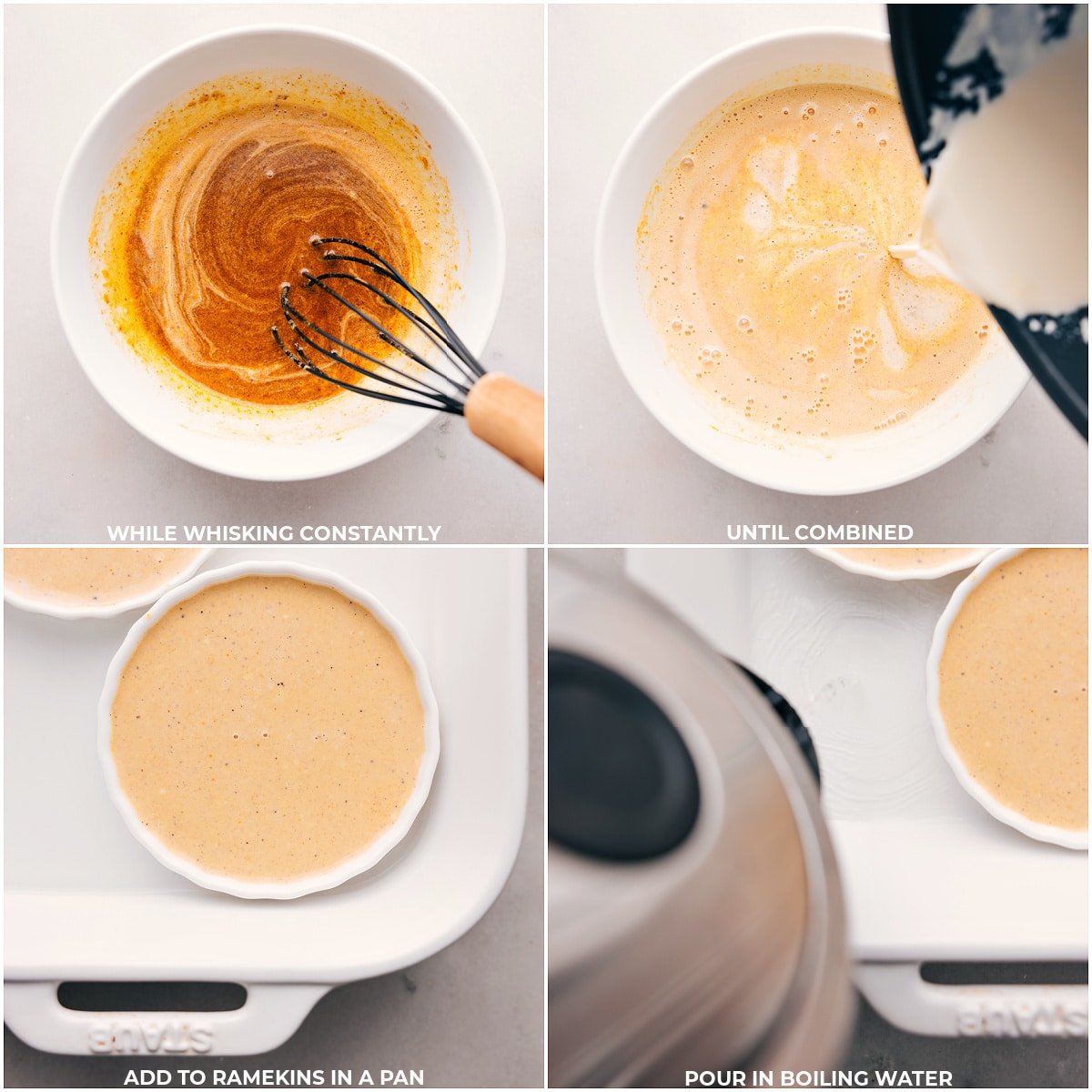 Ingredients for pumpkin crème brûlée recipe being whisked in a bowl before pouring into ramekins.