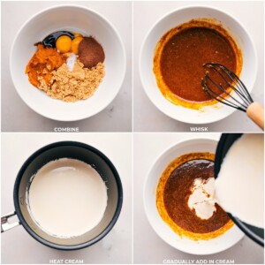 Combining ingredients for Pumpkin Créme Brûleé recipe with hot cream being added.