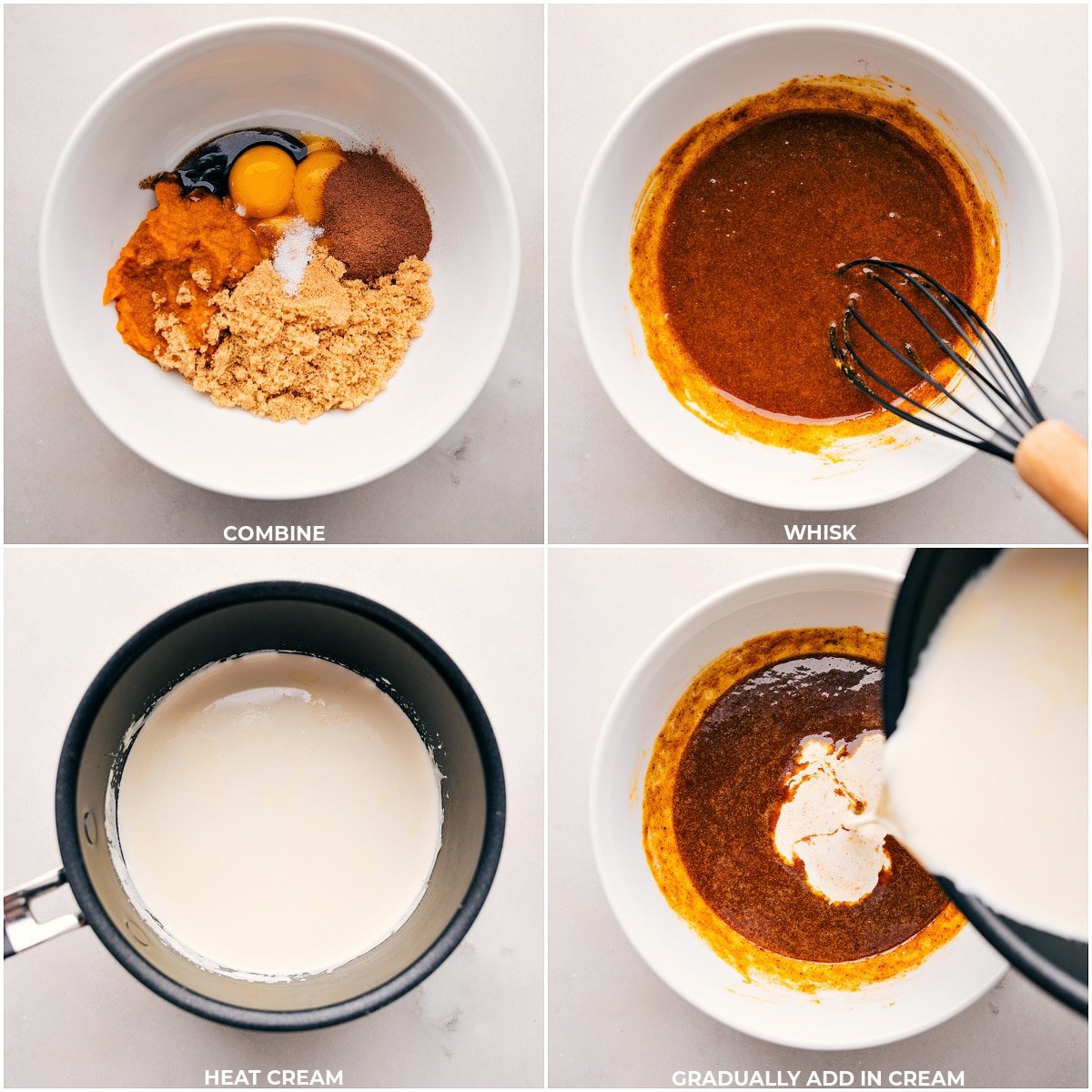 Combining ingredients for Pumpkin Créme Brûleé recipe with hot cream being added.