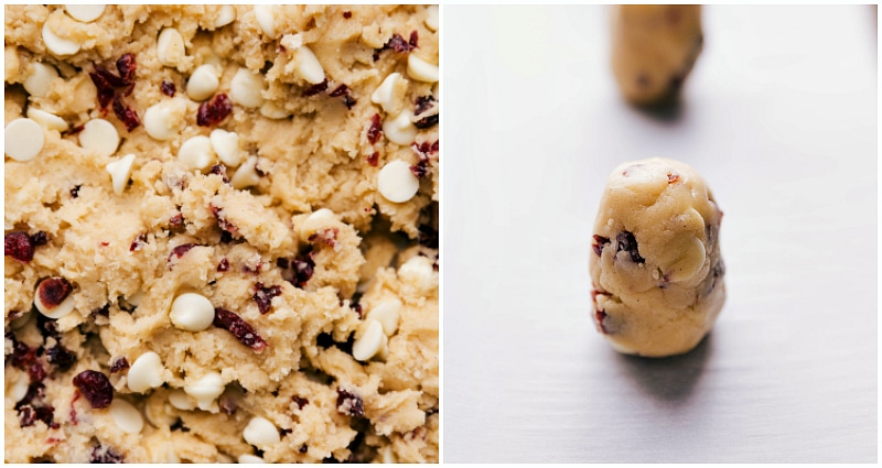 Process shot-- image of the White Chocolate Cranberry Cookie dough on a sheet pan, ready to be baked.