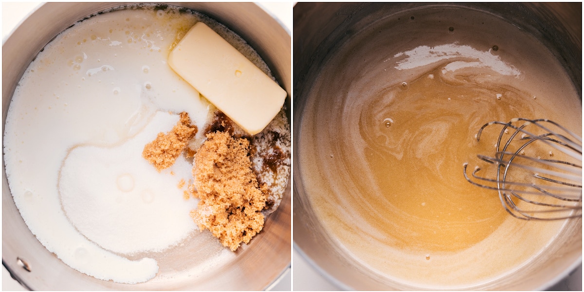 Pouring Creamy Buttermilk Syrup over Dutch Baby Pancake Sugars, buttermilk, butter, and salt heating together in a pot to make buttermilk syrup.