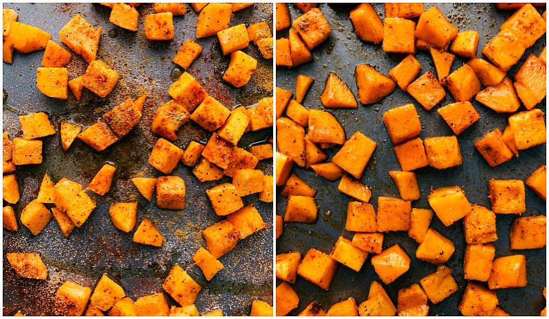 Process shot of the Butternut Squash being prepped and baked