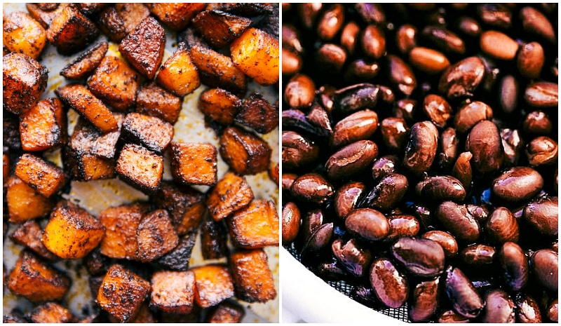 Overhead image of the roasted butternut squash and the black beans prepped and ready for the tacos