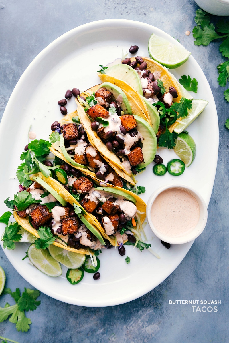 Overhead image of Butternut Squash Tacos on a tray, ready to be eaten