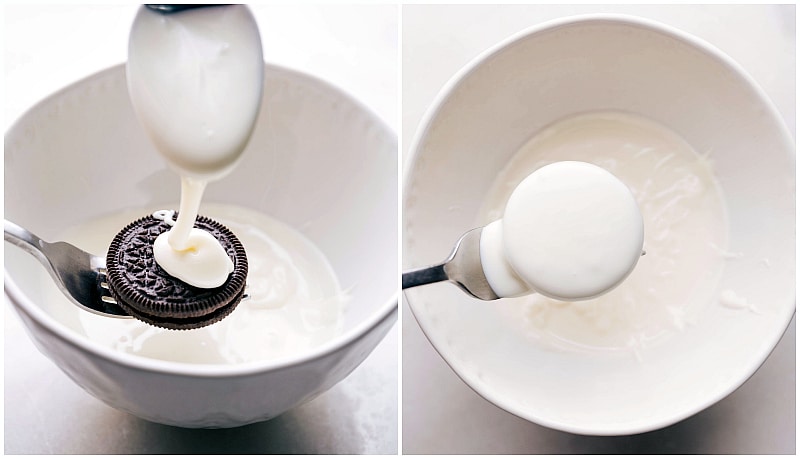 Process shots of Chocolate-Covered Oreos-- images of the Oreo being covered in chocolate