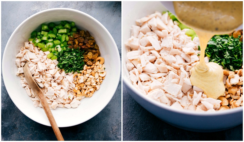 Preparing curried chicken salad filling with rich sauce being drizzled on top, showcasing a mix of savory chicken and vibrant spices.