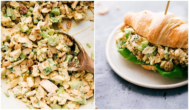 The finished curry chicken salad recipe served on a flaky croissant, combining gourmet flavors for a delightful sandwich.