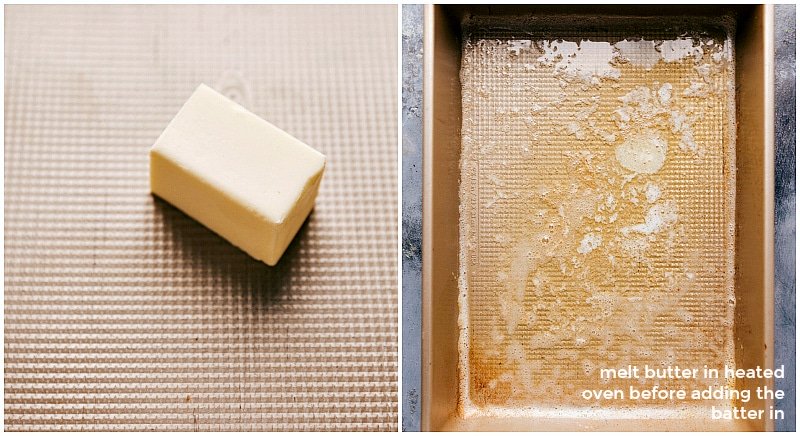 Melting butter in a pan, getting it ready for the Dutch baby pancake batter.