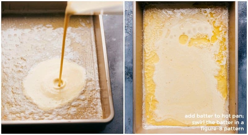 Pouring batter into a hot, buttered pan, ready for baking.