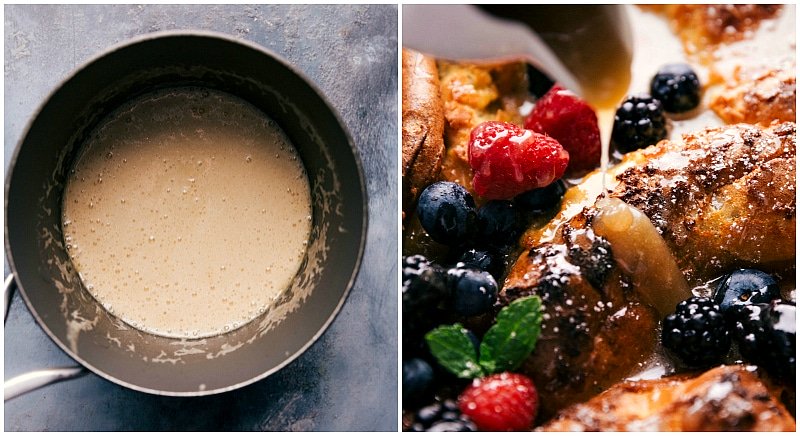 Image of the syrup we like on this breakfast being poured on the freshly baked dutch baby