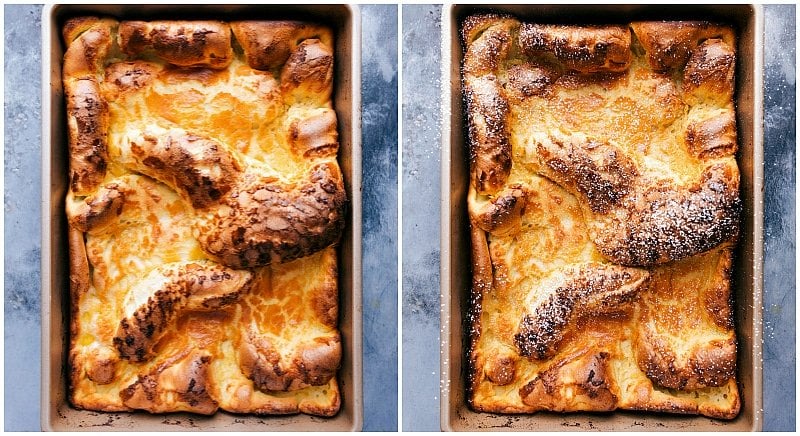 Freshly baked dutch baby or german pancake straight out of the oven, awaiting toppings.