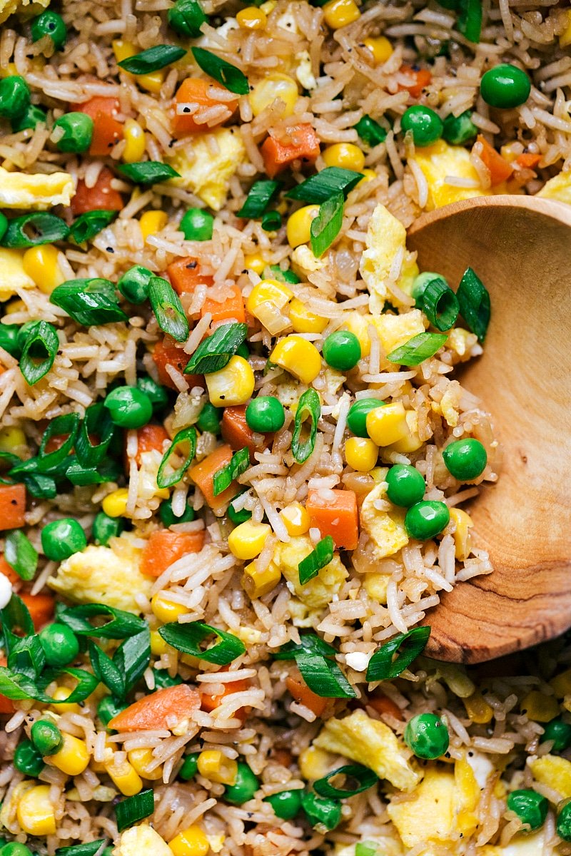 A plate of fried rice, showcasing the texture and mix of ingredients.