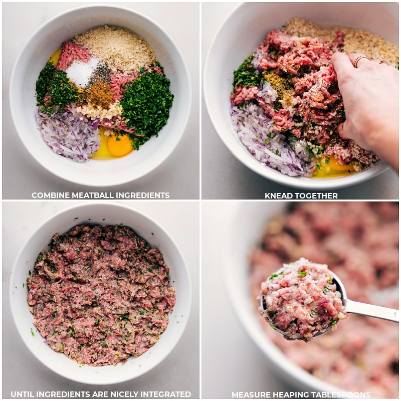Process shots-- images of all the meatball ingredients being combined in a bowl and kneaded together