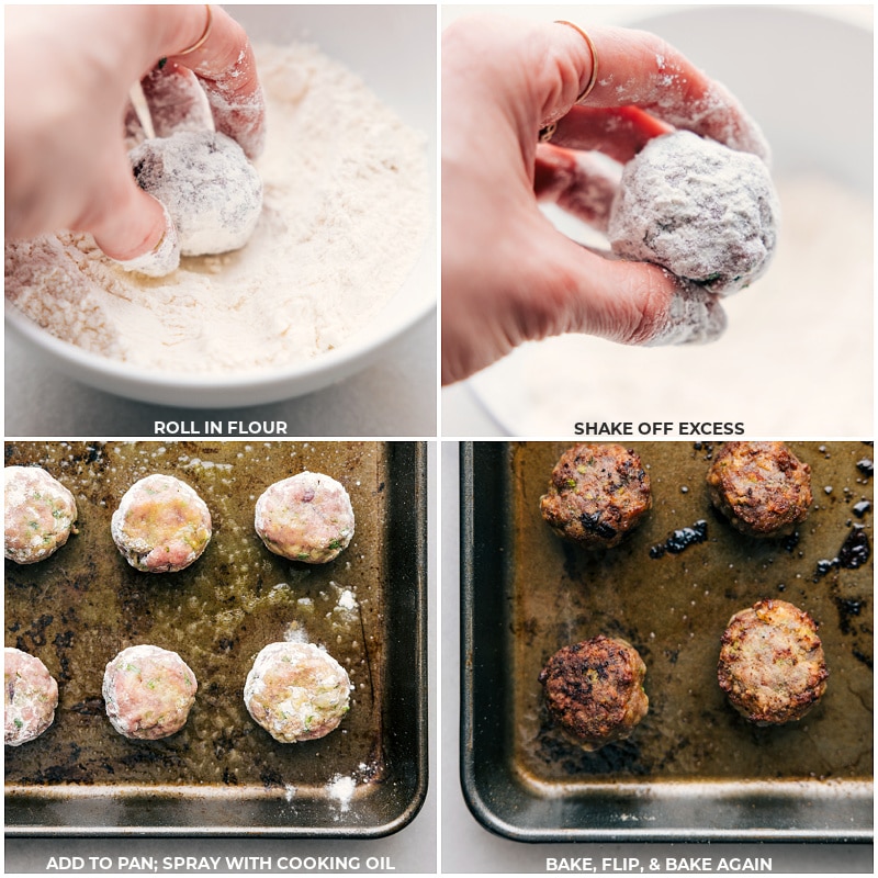 Image of each meatball being dipped in flour, sprayed with cooking spray, and baked