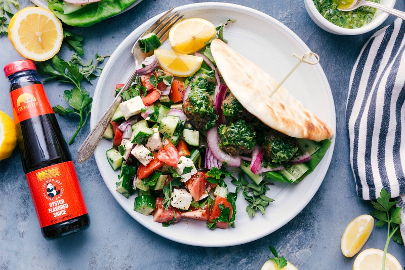 Overhead image of Greek Meatballs served on a plate.