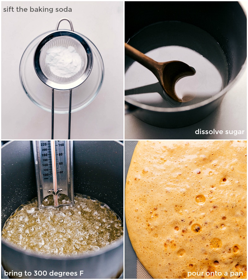 Process shots-- sifting the baking soda; dissolving the sugar; bringing the mixture to 300 degrees; pouring into the pan.