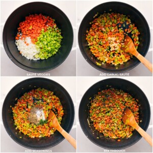 Fresh vegetables being sauteed and seasonings added to a pot.