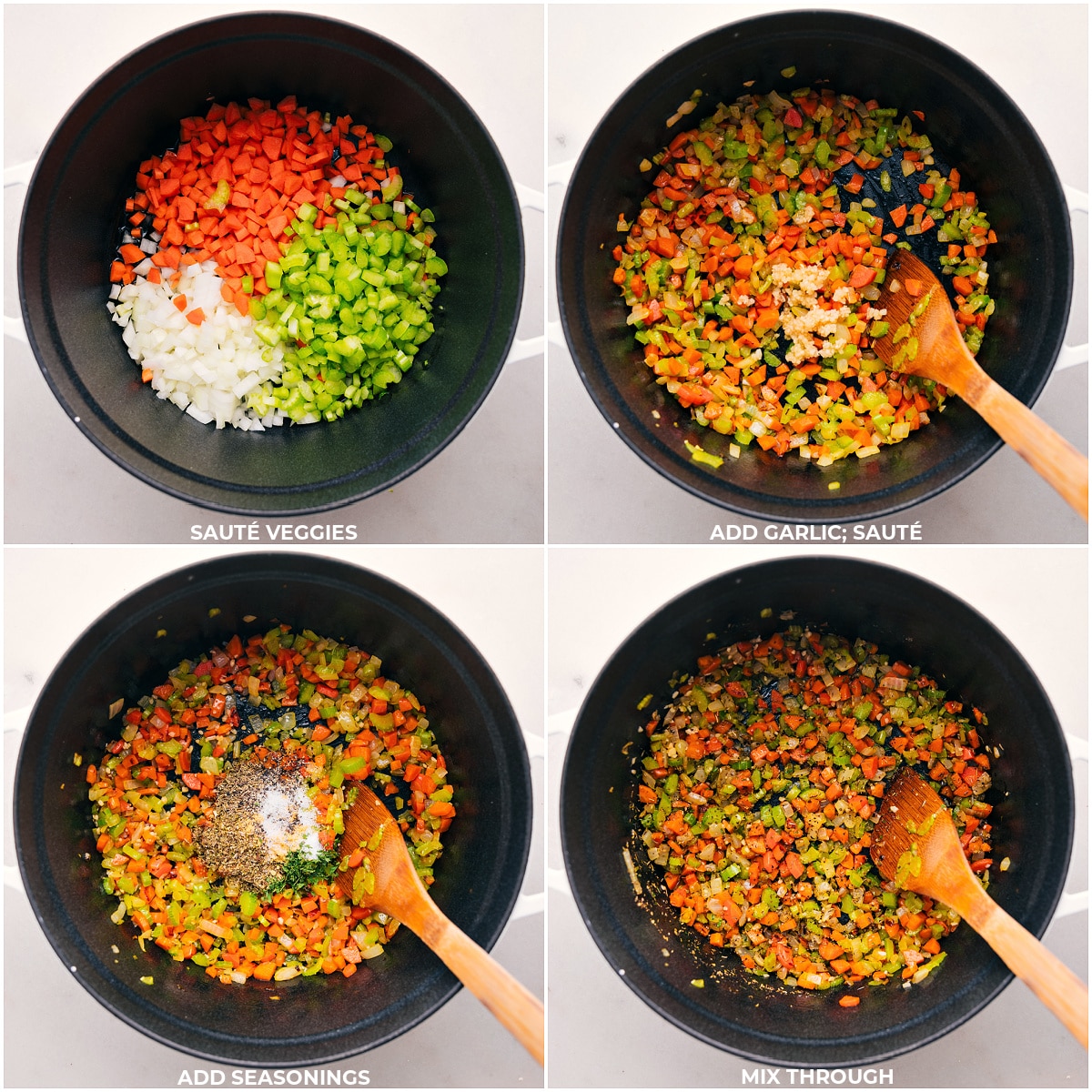 Fresh vegetables being sauteed and seasonings added to a pot.