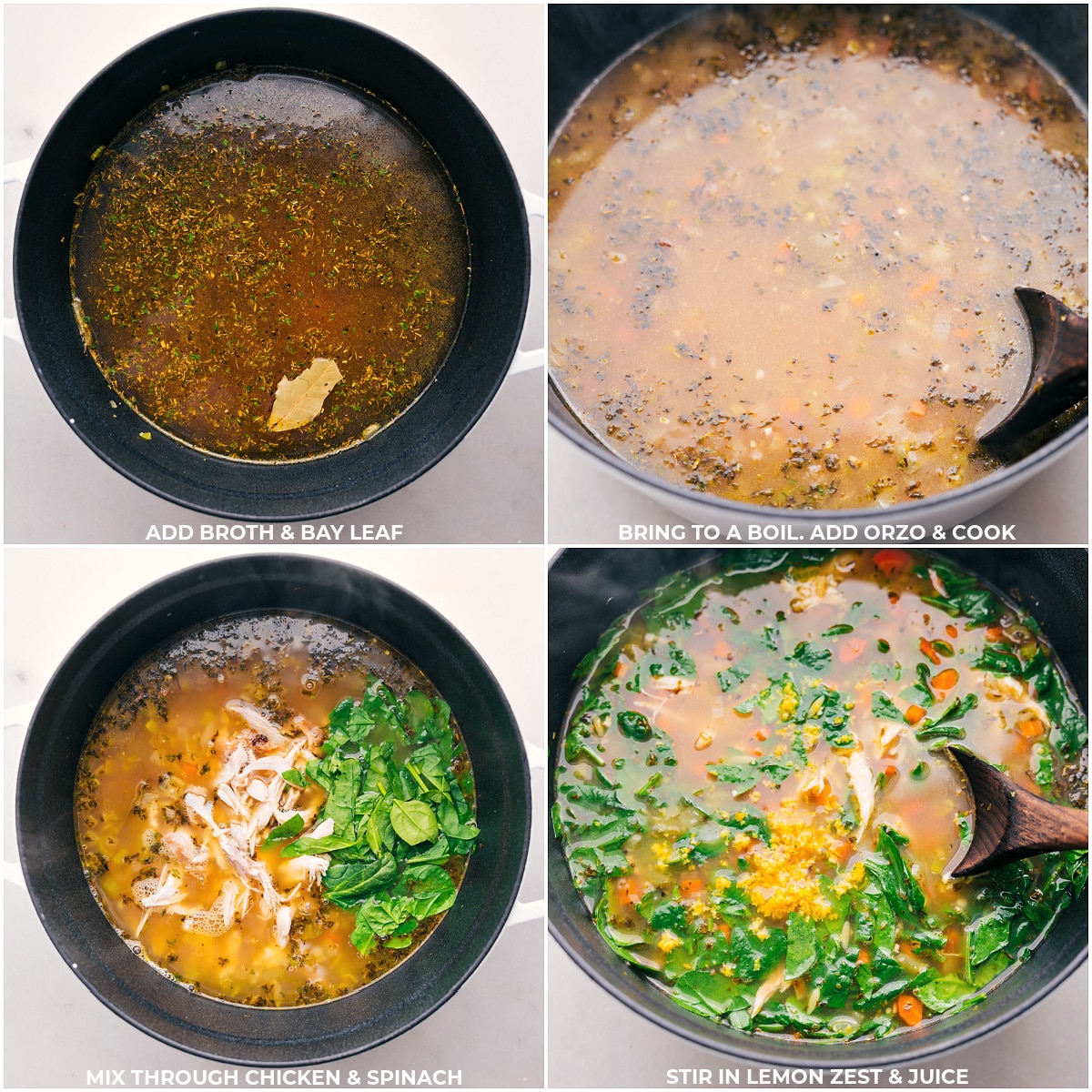 Incorporating bay leaf and stock into the pot, followed by the addition of chicken, spinach, and lemon juice and zest for making a delicious and warming dinner.