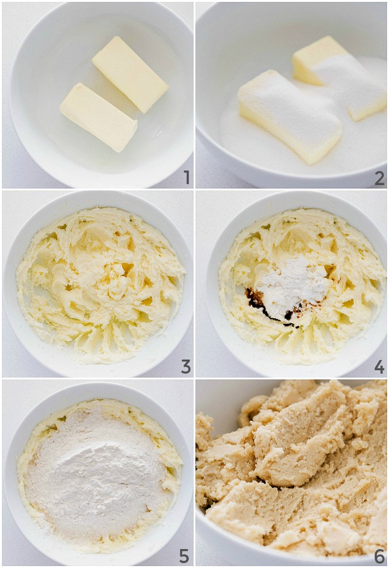 Process shot collage -- butter and sugar get beaten together and then dry ingredients are added to make Lemon Curd Cookies.