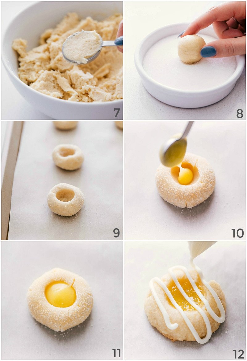 Cookie dough balls filled with lemon curd and drizzled with frosting.