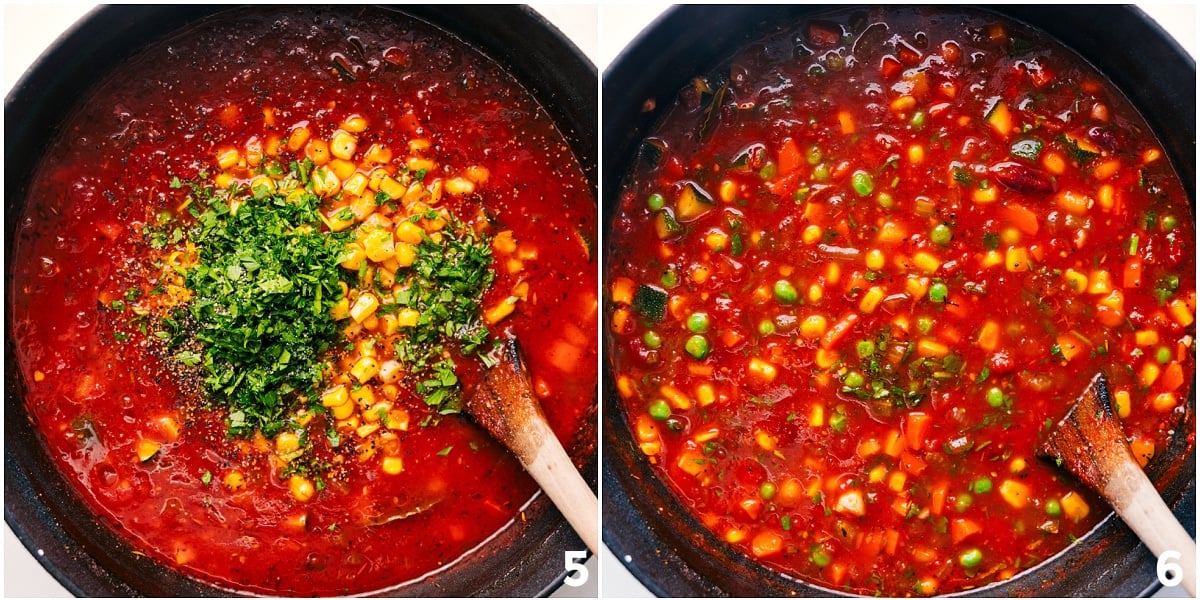 The corn and fresh herbs being added into the pot.