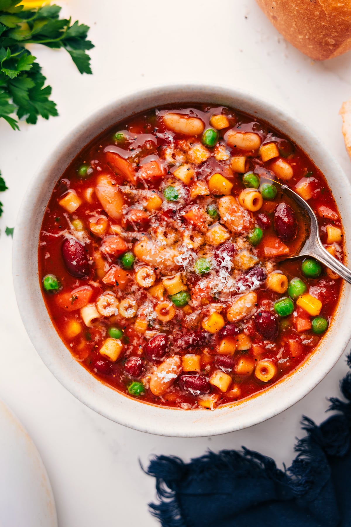 Olive Garden Minestrone Soup Recipe Is The Best Copycat Recipe Olive Garden Minestrone Soup Recipe in a bowl topped with parmesan.