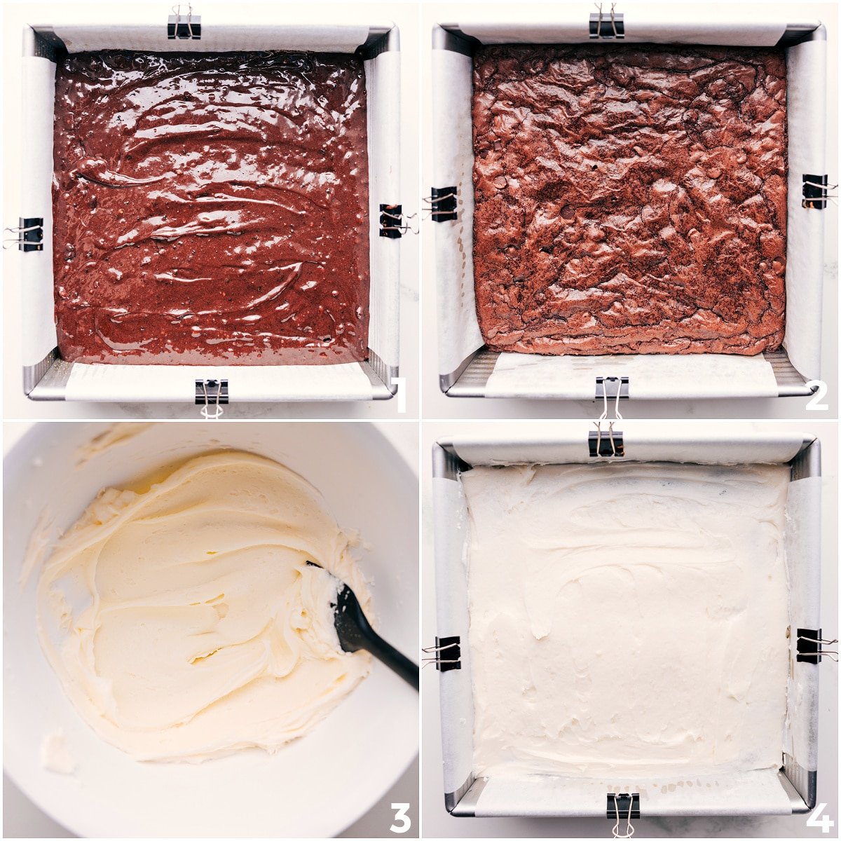 How To Make Peppermint Brownies The peppermint brownies being baked up and then the cream cheese frosting layer being layered on.