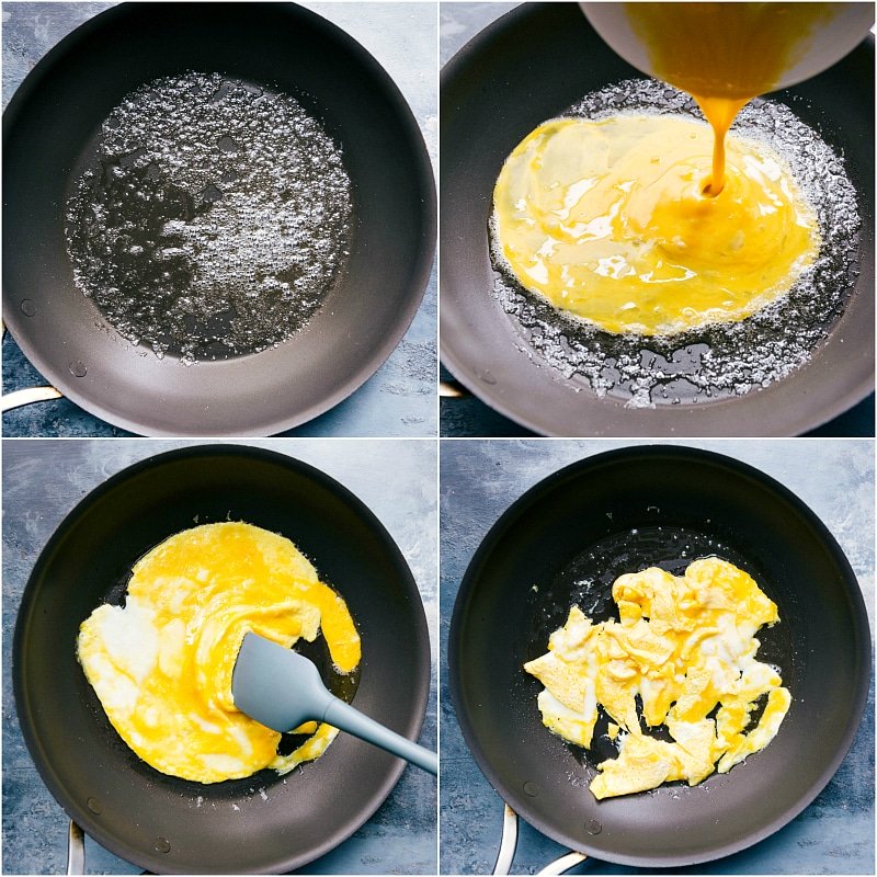 Egg sizzling in a pan, being cooked for quinoa fried rice.