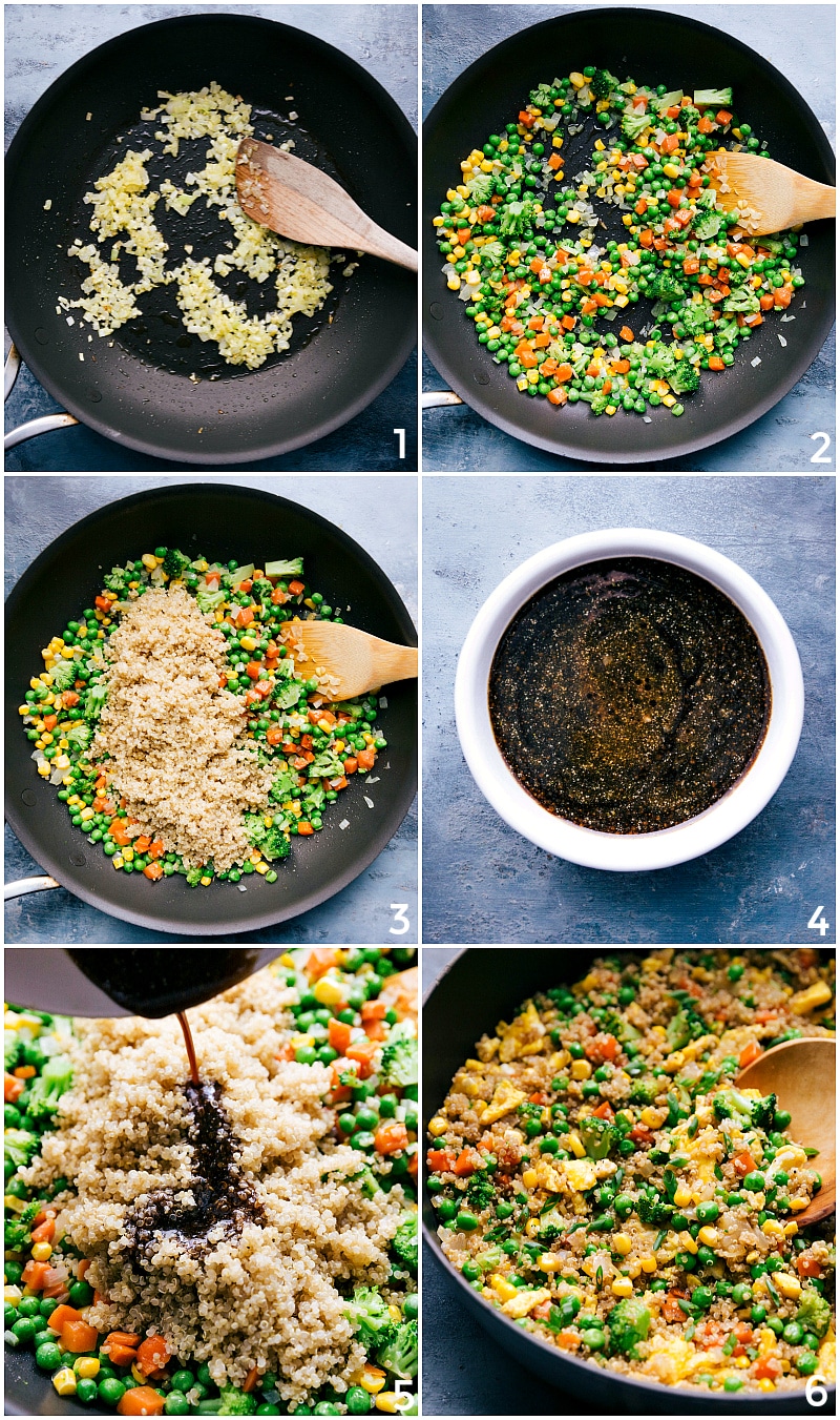 Sautéing vegetables and quinoa in a pan with and adding sauce to the dish.