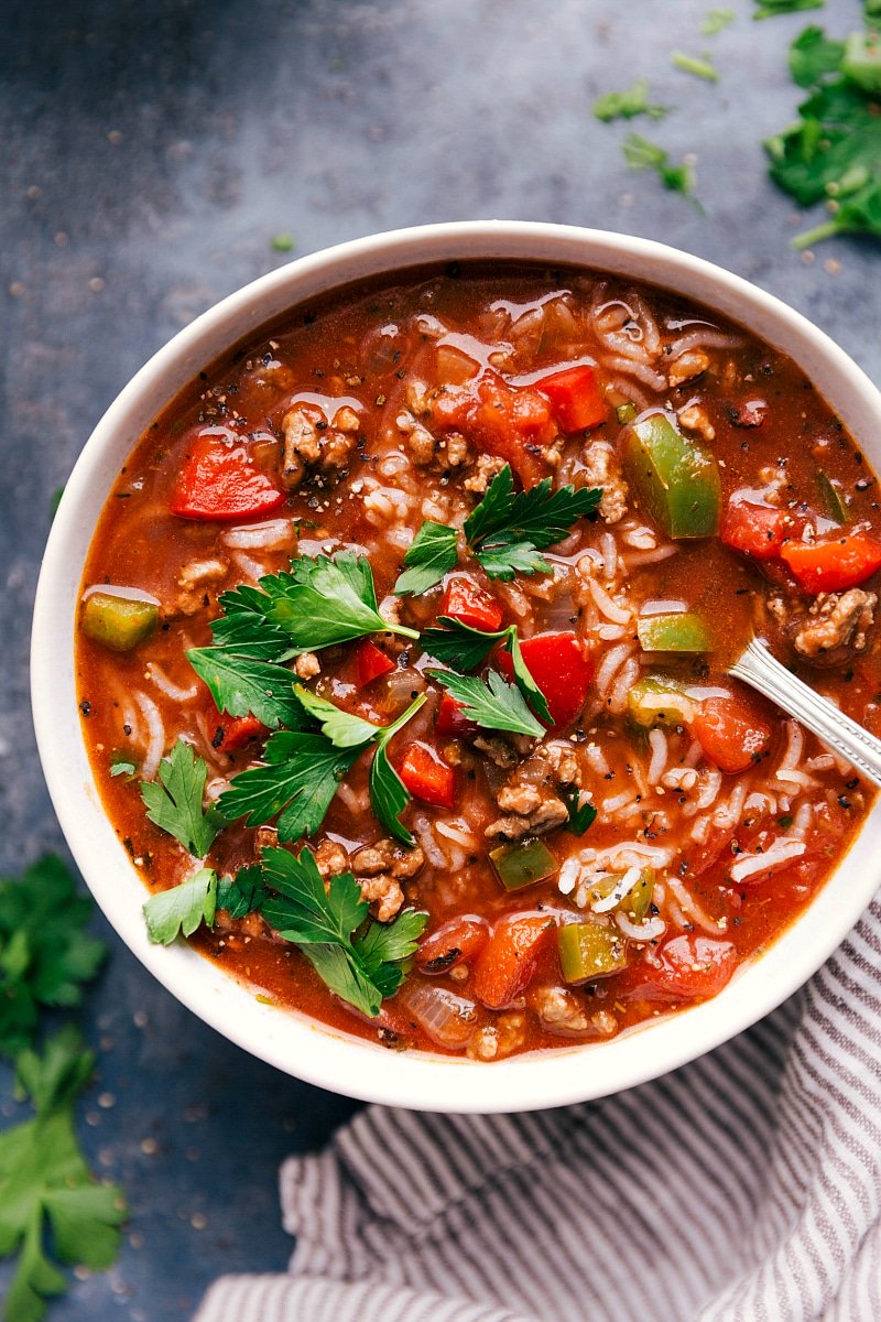 Overhead image of Stuffed Pepper Soup in a bowl ready to be eaten