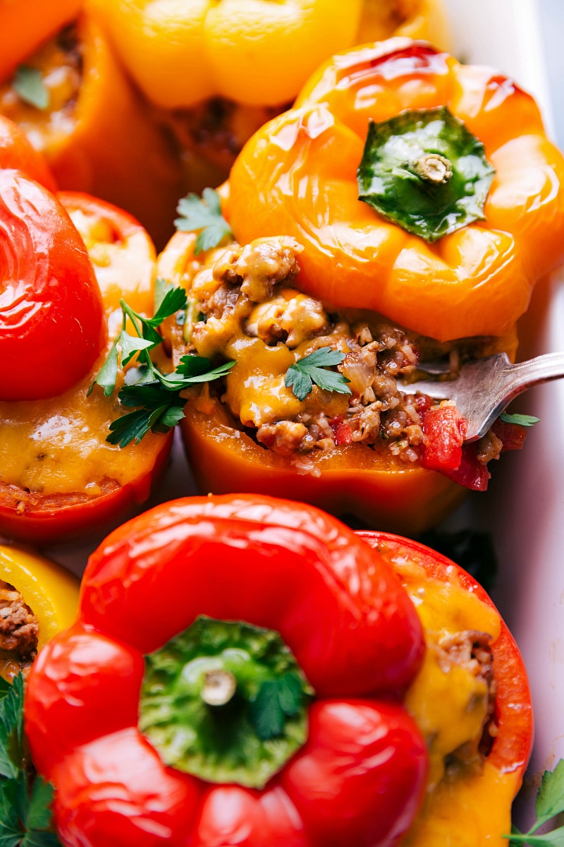 Up-close image of Stuffed Peppers, ready to be eaten.