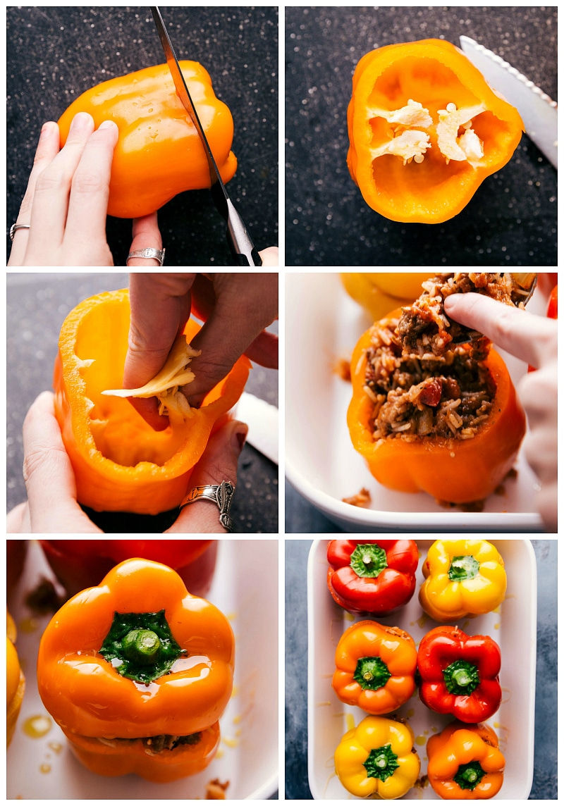 Process shot of the bell peppers being hollowed out and stuffed with filling.