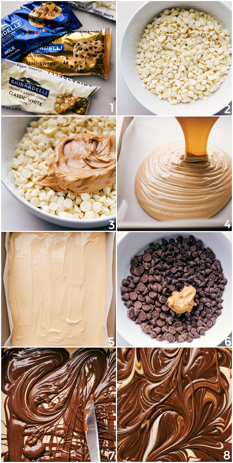 Ingredients for the tiger butter fudge recipe being melted and mixed, showcasing the beginning of the swirling pattern.